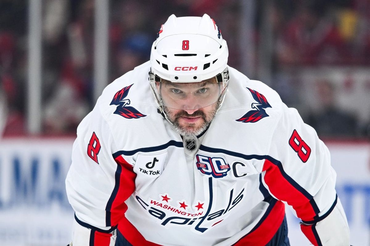 Apr 27, 2025; Montreal, Quebec, CAN; Washington Capitals left wing Alex Ovechkin (8) waits for a face-off against the Montreal Canadiens during the second period in game four of the first round of the 2025 Stanley Cup Playoffs at Bell Centre. Mandatory Credit: David Kirouac-Imagn Images