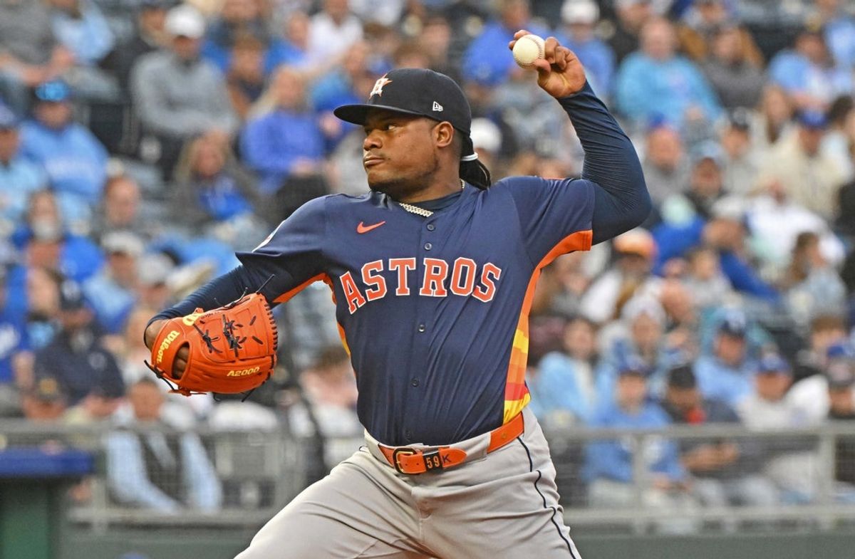 Apr 26, 2025; Kansas City, Missouri, USA;  Houston Astros starting pitcher Framber Valdez (59) throws a pitch in the first inning against the Kansas City Royals at Kauffman Stadium. Mandatory Credit: Peter Aiken-Imagn Images