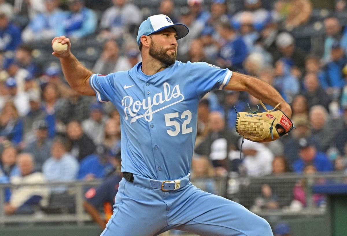 Apr 26, 2025; Kansas City, Missouri, USA;  Kansas City Royals starting pitcher Michael Wacha (52) throws a pitch in the first inning against the Houston Astros at Kauffman Stadium. Mandatory Credit: Peter Aiken-Imagn Images