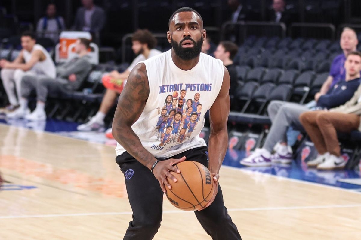 Apr 29, 2025; New York, New York, USA; Detroit Pistons forward Tim Hardaway Jr. (8) warms up prior to game five of first round for the 2025 NBA Playoffs at Madison Square Garden. Mandatory Credit: Wendell Cruz-Imagn Images
