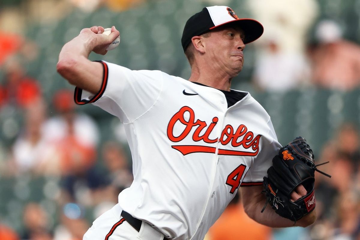 Apr 29, 2025; Baltimore, Maryland, USA; Baltimore Orioles pitcher Kyle Gibson (48) throws during the first inning against the New York Yankees at Oriole Park at Camden Yards. Mandatory Credit: Daniel Kucin Jr.-Imagn Images
