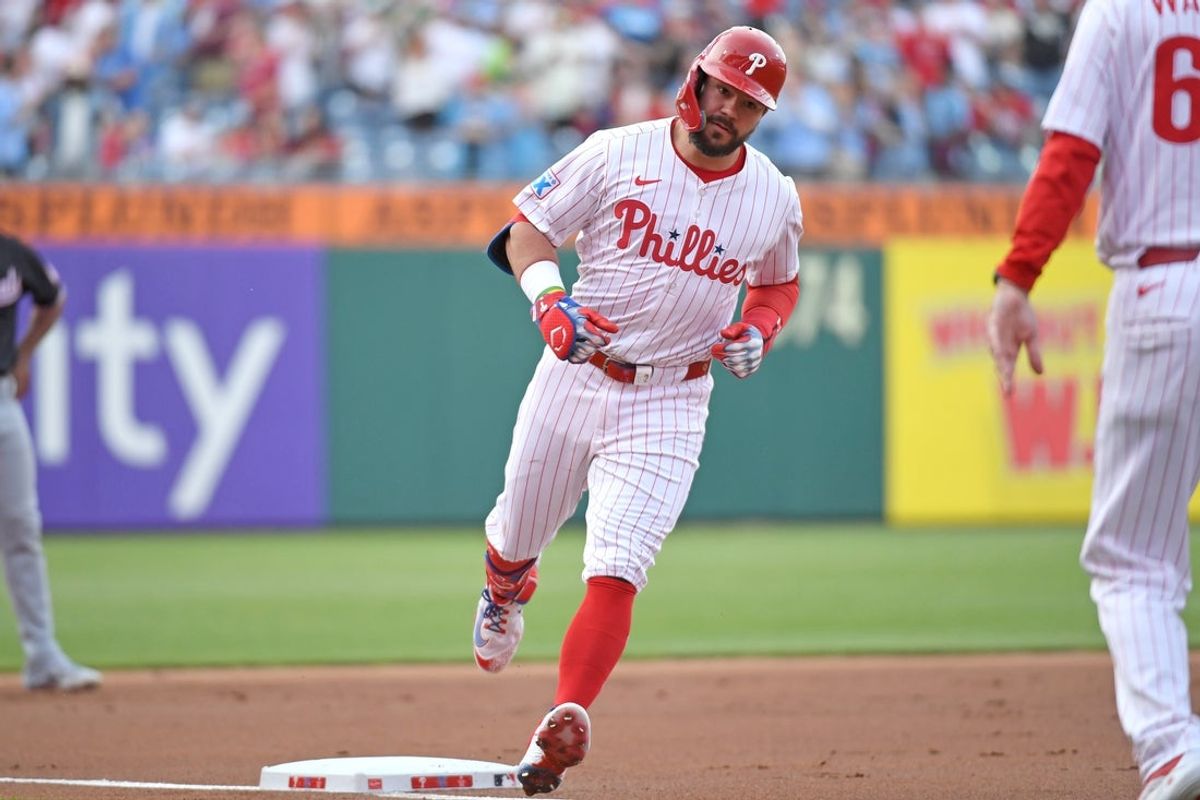 Apr 29, 2025; Philadelphia, Pennsylvania, USA; Philadelphia Phillies outfielder Kyle Schwarber (12) runs the bases after hitting a home run during the first inning against the Washington Nationals at Citizens Bank Park. Mandatory Credit: Eric Hartline-Imagn Images