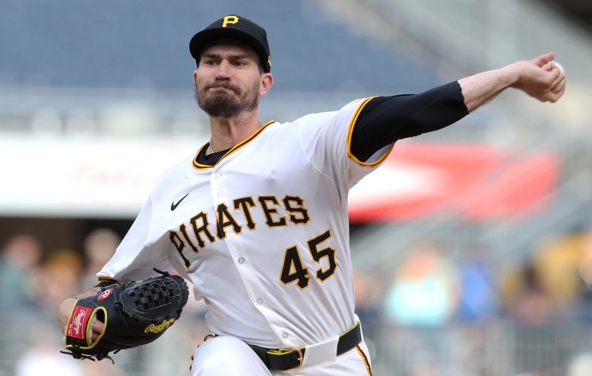 Apr 29, 2025; Pittsburgh, Pennsylvania, USA;  Pittsburgh Pirates starting pitcher Andrew Heaney (45) delivers a pitch against the Chicago Cubs during the first inning at PNC Park. Mandatory Credit: Charles LeClaire-Imagn Images