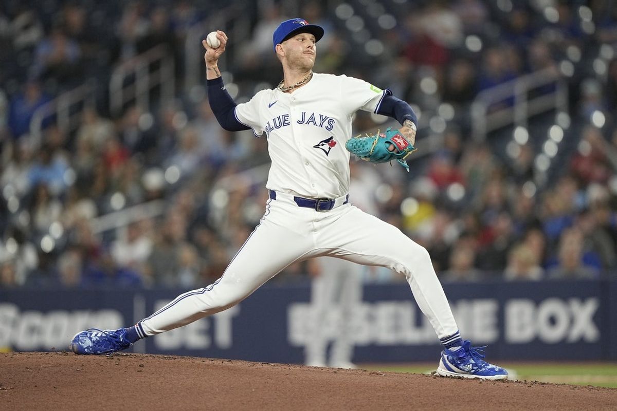 Apr 29, 2025; Toronto, Ontario, CAN; Toronto Blue Jays starting pitcher Bowden Francis (44) pitches to the Boston Red Sox during the first inning at Rogers Centre. Mandatory Credit: John E. Sokolowski-Imagn Images