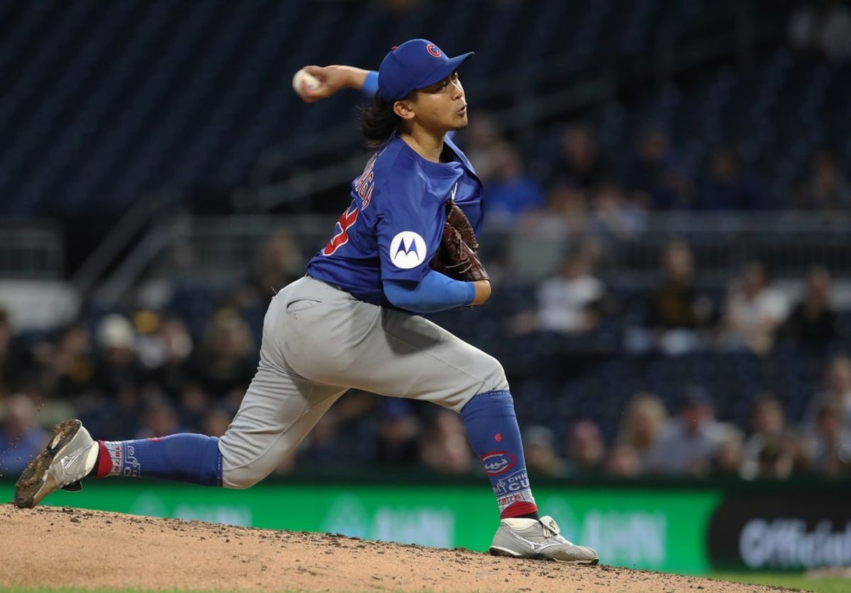 Apr 29, 2025; Pittsburgh, Pennsylvania, USA;  Chicago Cubs starting pitcher Shota Imanaga (18) pitches against the Pittsburgh Pirates during the fifth inning at PNC Park. Mandatory Credit: Charles LeClaire-Imagn Images