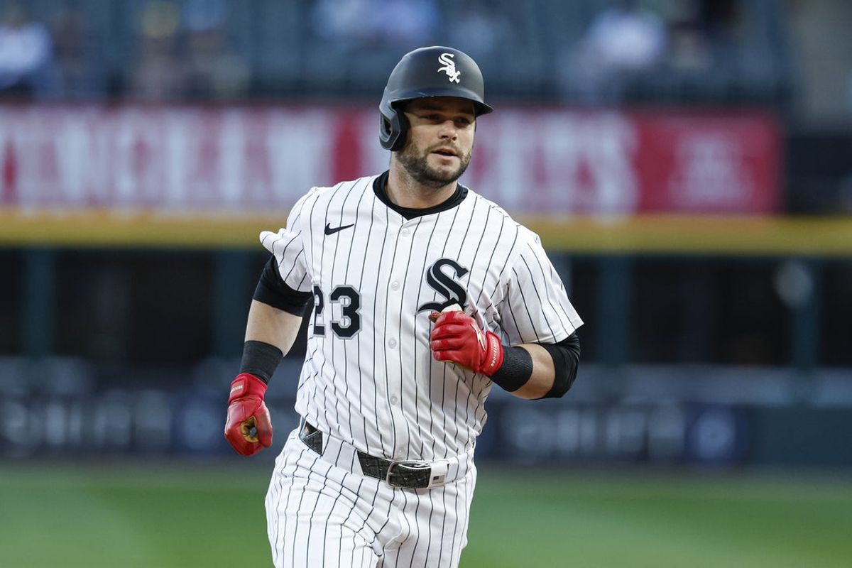 Apr 29, 2025; Chicago, Illinois, USA; Chicago White Sox designated hitter Andrew Benintendi (23) rounds the bases after hitting a solo home run against the Milwaukee Brewers during the first inning at Rate Field. Mandatory Credit: Kamil Krzaczynski-Imagn Images