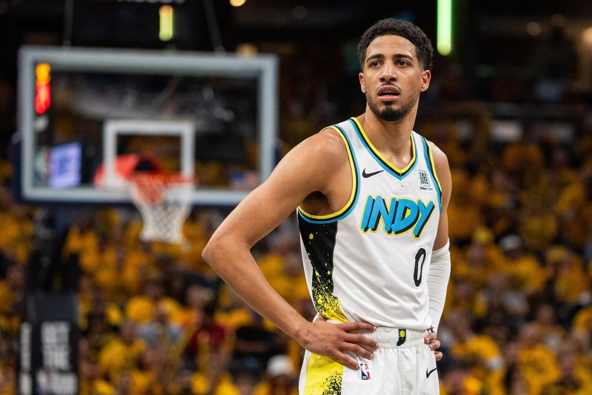 Apr 29, 2025; Indianapolis, Indiana, USA; Indiana Pacers guard Tyrese Haliburton (0)  during game five of the first round for the 2024 NBA Playoffs against the Milwaukee Bucks at Gainbridge Fieldhouse. Mandatory Credit: Trevor Ruszkowski-Imagn Images