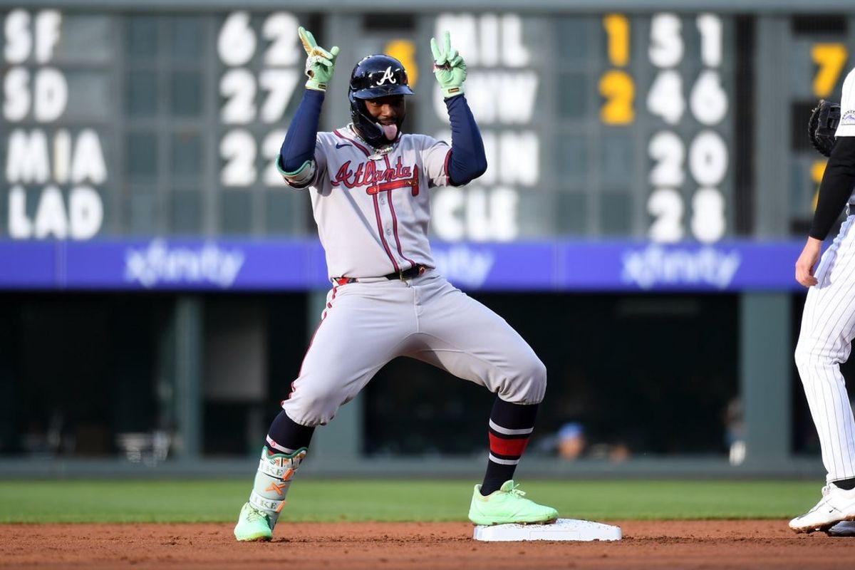 Apr 29, 2025; Denver, Colorado, USA; Atlanta Braves outfielder Michael Harris II (23) celebrates after a two-RBI double during the second inning against the Colorado Rockies at Coors Field. Mandatory Credit: Christopher Hanewinckel-Imagn Images