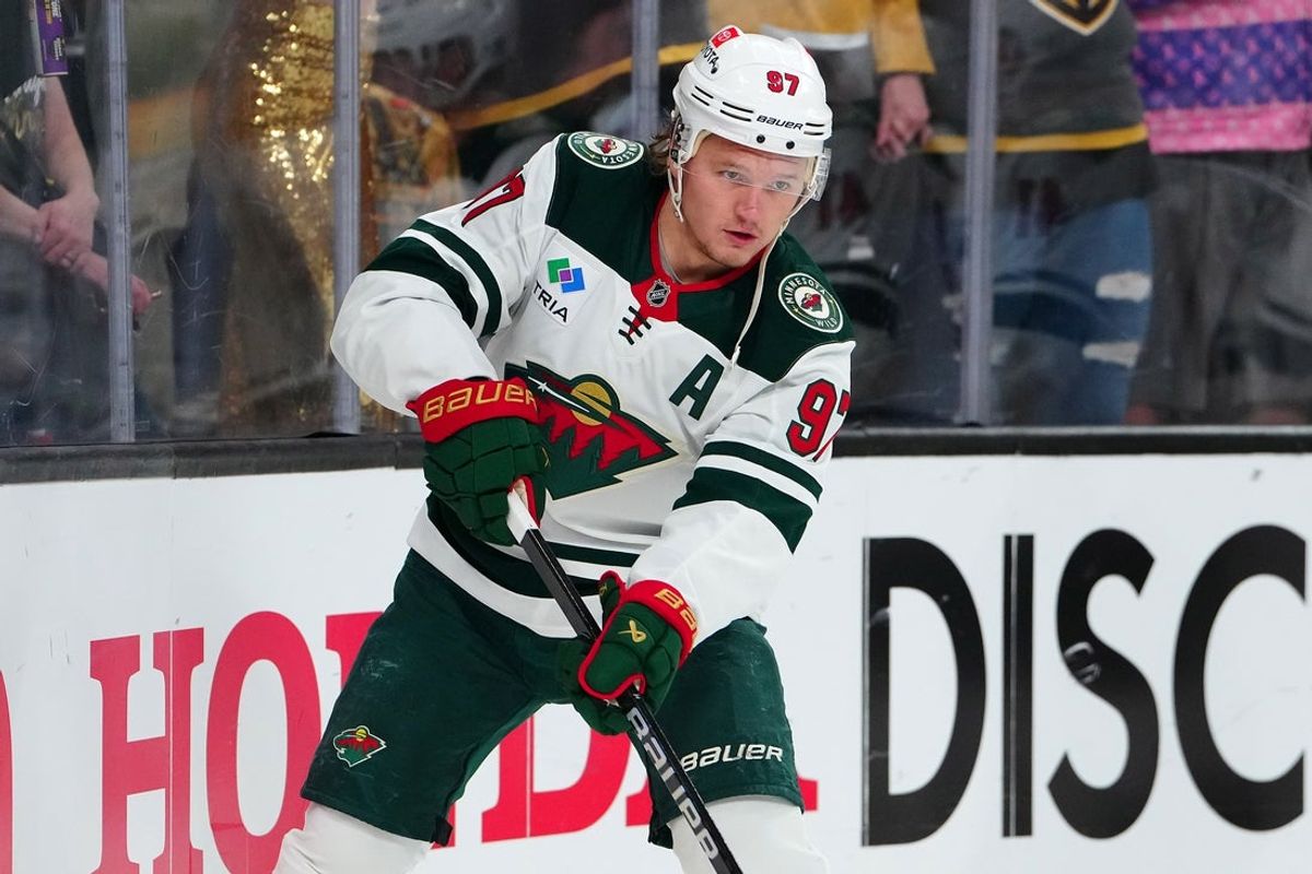 Apr 29, 2025; Las Vegas, Nevada, USA; Minnesota Wild left wing Kirill Kaprizov (97) warms up before the start of game five of the first round of the 2025 Stanley Cup Playoffs against the Vegas Golden Knights at T-Mobile Arena. Mandatory Credit: Stephen R. Sylvanie-Imagn Images