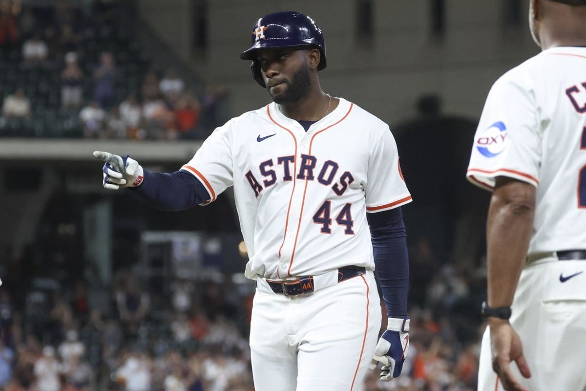 Apr 29, 2025; Houston, Texas, USA; Houston Astros designated hitter Yordan Alvarez (44) points to the dugout after hitting an RBI single during the seventh inning against the Detroit Tigers at Daikin Park. Mandatory Credit: Troy Taormina-Imagn Images