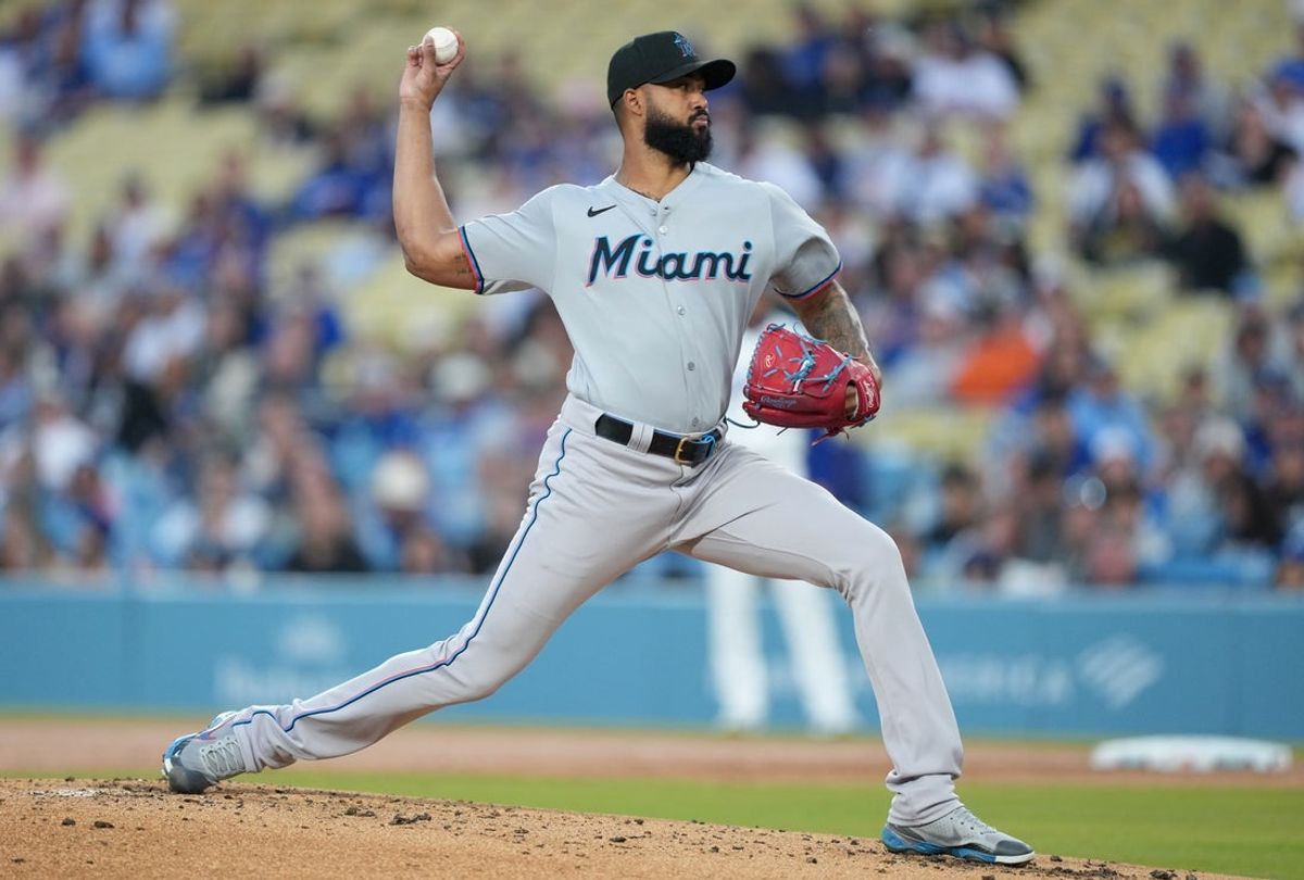 Apr 29, 2025; Los Angeles, California, USA; Miami Marlins pitcher Sandy Alcantara (22) throws during the first inning against the Los Angeles Dodgers at Dodger Stadium. Mandatory Credit: Kirby Lee-Imagn Images