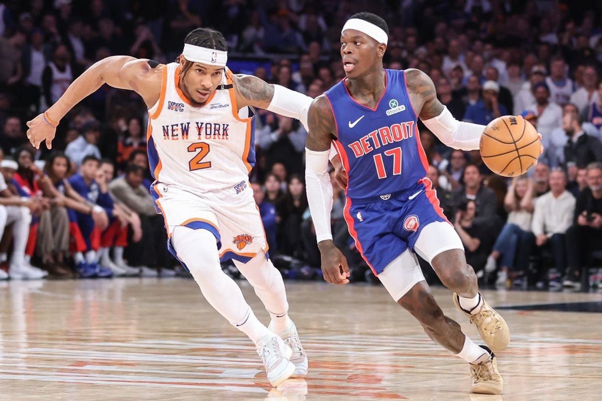 Apr 29, 2025; New York, New York, USA; Detroit Pistons guard Dennis Schroder (17) drives past New York Knicks guard Miles McBride (2) in the fourth quarter during game five of first round for the 2025 NBA Playoffs at Madison Square Garden. Mandatory Credit: Wendell Cruz-Imagn Images