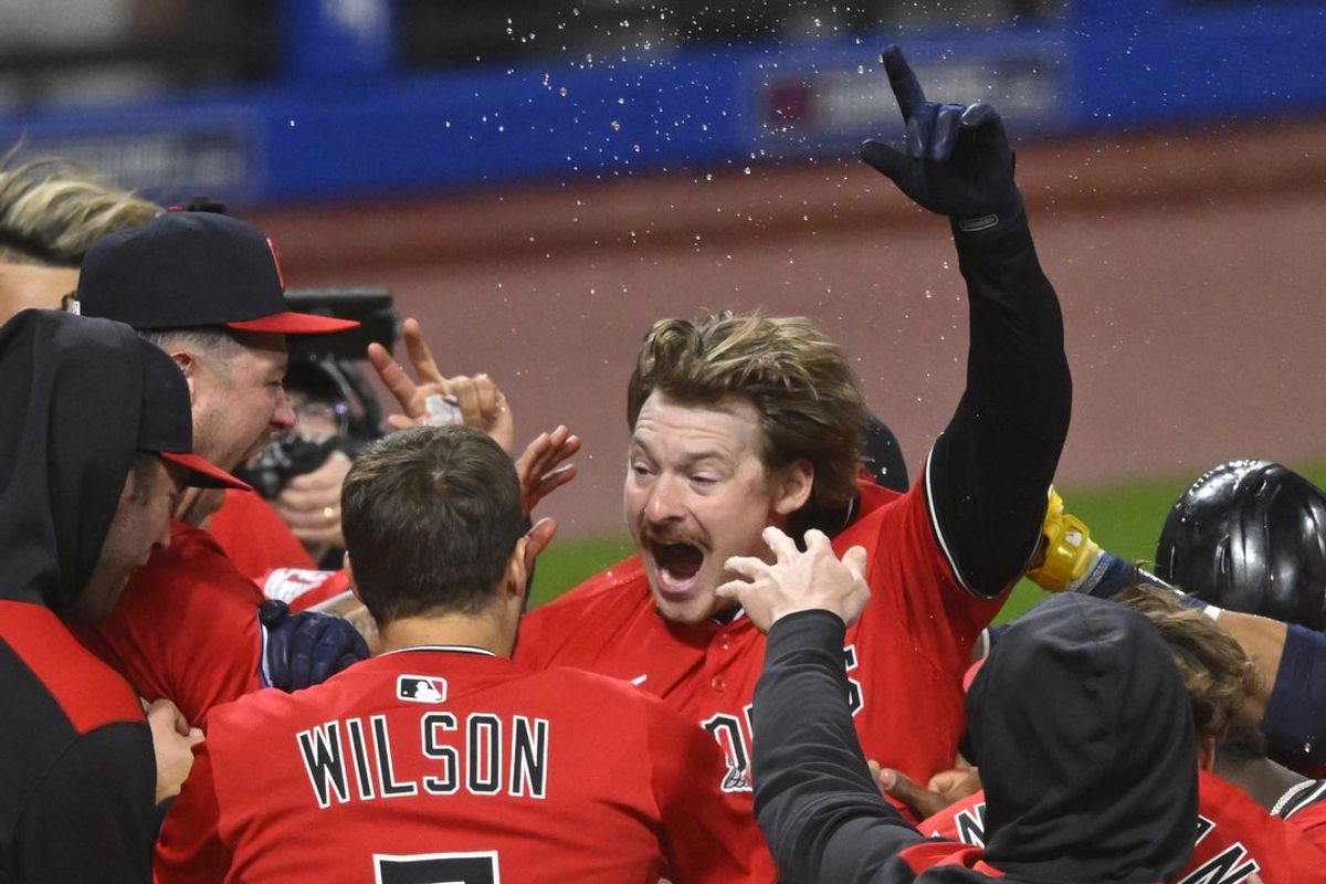 Apr 29, 2025; Cleveland, Ohio, USA; Cleveland Guardians designated hitter Kyle Manzardo (9) celebrates his game-winning solo home run in the ninth inning against the Minnesota Twins at Progressive Field. Mandatory Credit: David Richard-Imagn Images