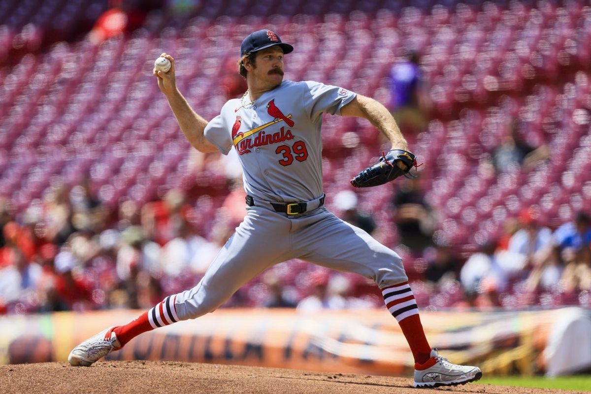 Apr 30, 2025; Cincinnati, Ohio, USA; St. Louis Cardinals starting pitcher Miles Mikolas (39) pitches against the Cincinnati Reds in the first inning at Great American Ball Park. Mandatory Credit: Katie Stratman-Imagn Images