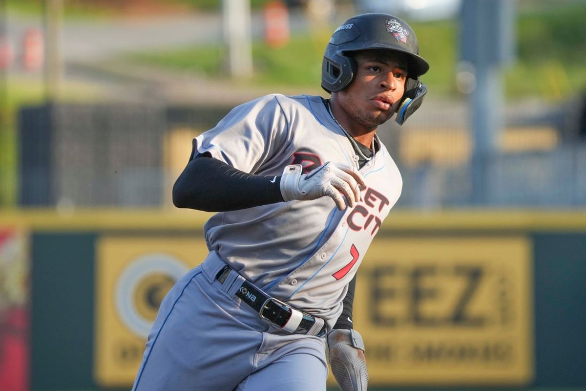 Rocket City infielder Christian Moore (7) runs during a minor league baseball game between the Knoxville Smokies and Rocket City Trash Pandas at Covenant Health Park on April 29, 2025. The Knoxville Smokies won 9-6 against the Rocket City Trash Pandas.