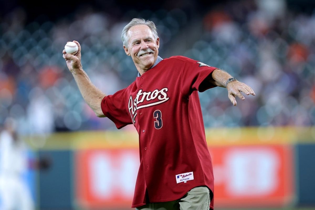 Apr 30, 2025; Houston, Texas, USA; Houston Astros former manager Phil Garner throws out the ceremonial first pitch prior to the game against the Detroit Tigers at Daikin Park. Mandatory Credit: Erik Williams-Imagn Images