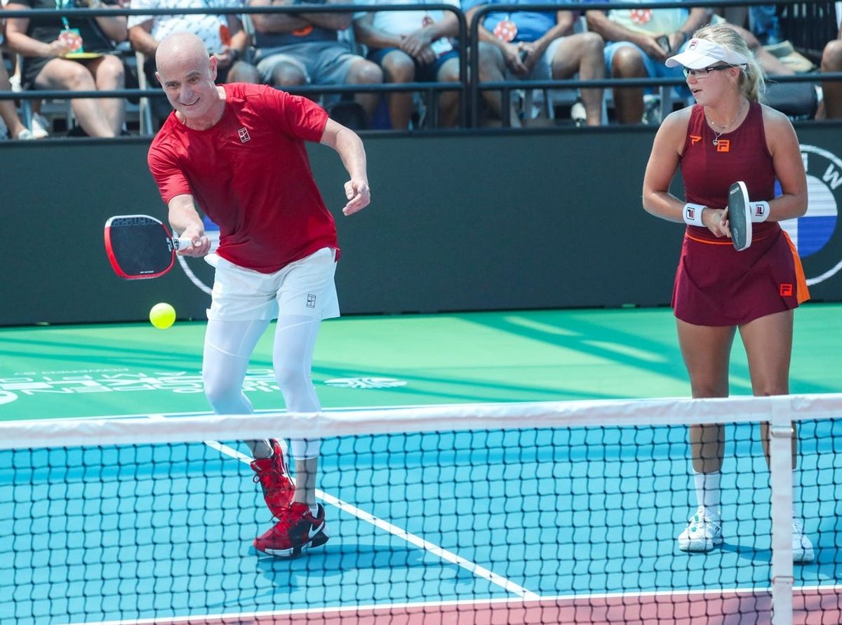 Andre Agassi makes his pickleball debut as he competes with Anna Leigh Waters in a Minto U.S. Open Pickleball Championships mixed pro doubles match against Tristan Dussault and Stevie Petrpouleas at East Naples Community Park in Naples, Fla., on Wednesday, April 30, 2025. Agassi and Waters won 2-1.