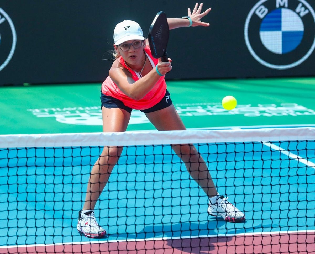 Andre Agassi makes his pickleball debut as he competes with Anna Leigh Waters in a Minto U.S. Open Pickleball Championships mixed pro doubles match against Tristan Dussault and Stevie Petrpouleas at East Naples Community Park in Naples, Fla., on Wednesday, April 30, 2025. Agassi and Waters won 2-1.