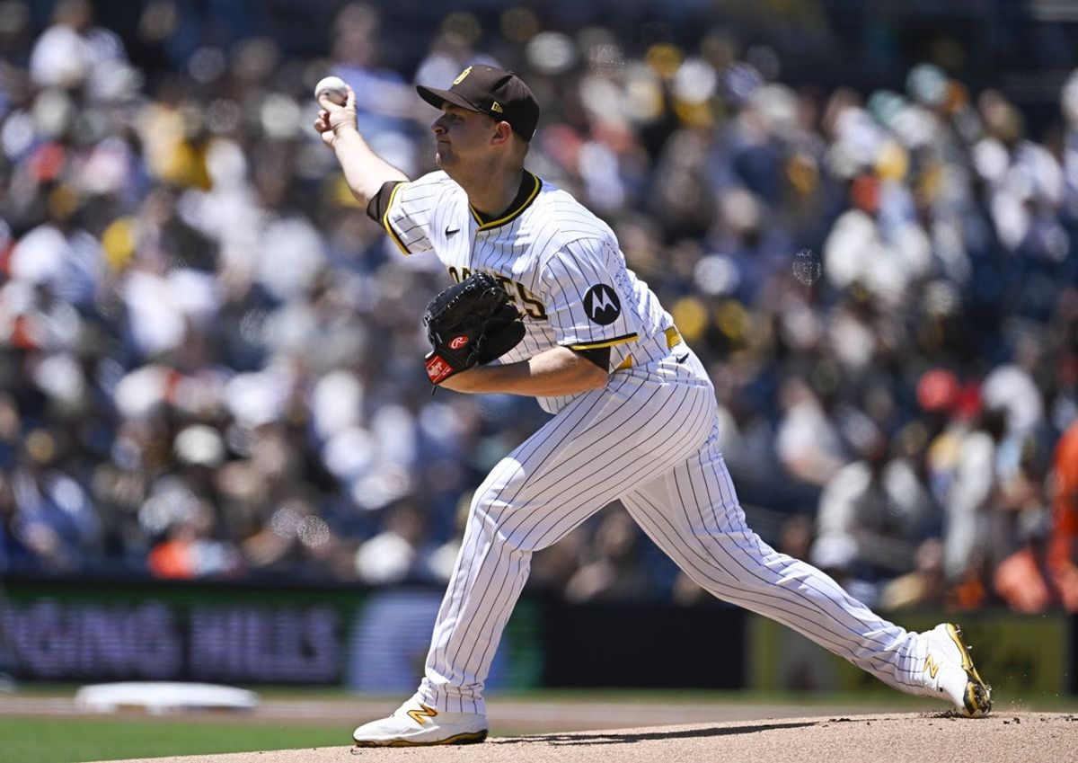 Apr 30, 2025; San Diego, California, USA; San Diego Padres starting pitcher Michael King (34) delivers during the first inning against the San Francisco Giants at Petco Park. Mandatory Credit: Denis Poroy-Imagn Images