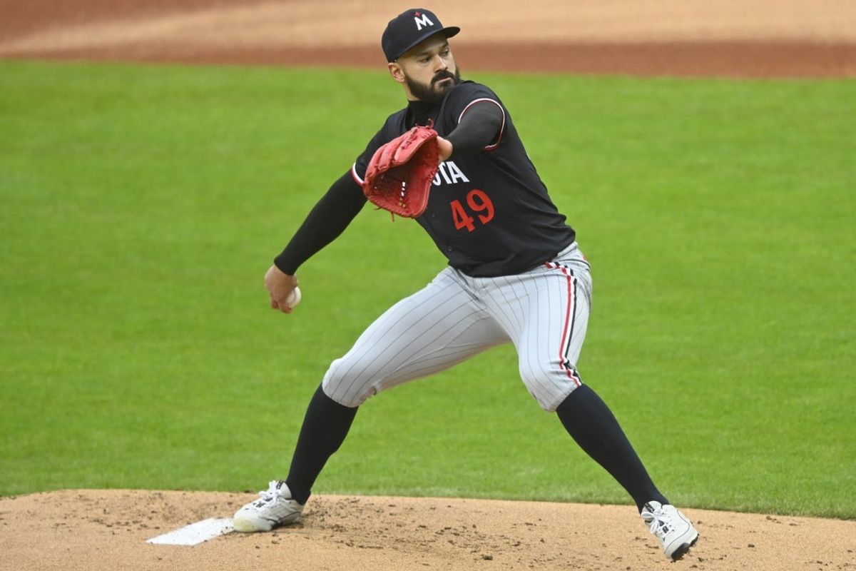 Apr 30, 2025; Cleveland, Ohio, USA; Minnesota Twins starting pitcher Pablo Lopez (49) delivers a pitch in the first inning against the Cleveland Guardians at Progressive Field. Mandatory Credit: David Richard-Imagn Images