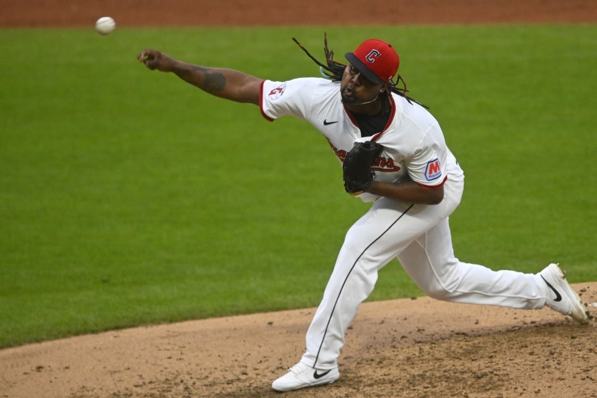 Apr 30, 2025; Cleveland, Ohio, USA; Cleveland Guardians starting pitcher Luis Ortiz (45) delivers a pitch in the sixth inning against the Minnesota Twins at Progressive Field. Mandatory Credit: David Richard-Imagn Images