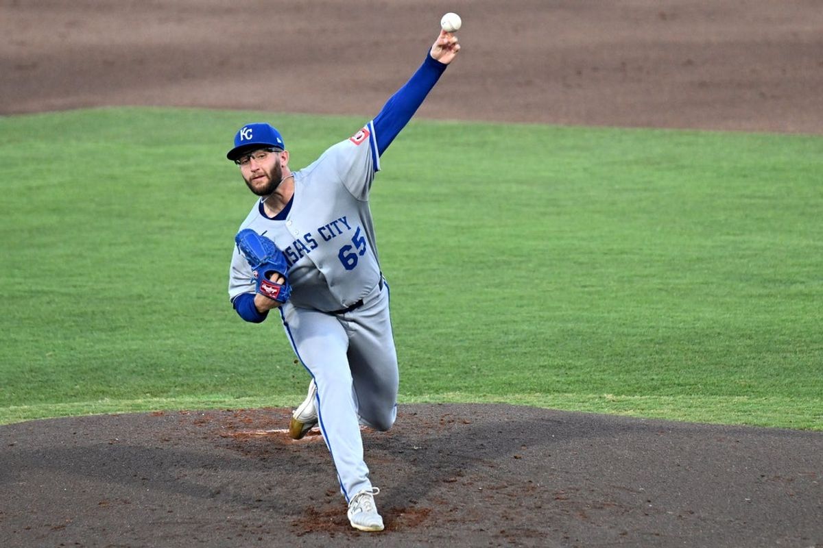 Apr 30, 2025; St. Petersburg, Florida, USA; Kansas City Royals starting pitcher Noah Cameron (65) throws a pitch in the second inning against the Tampa Bay Rays at George M. Steinbrenner Field. Mandatory Credit: Jonathan Dyer-Imagn Images