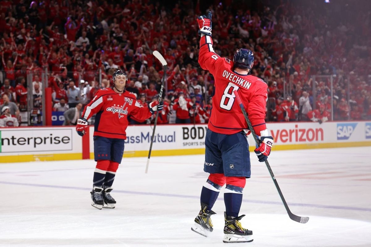 Apr 30, 2025; Washington, District of Columbia, USA; Washington Capitals left wing Alex Ovechkin (8) celebrates after scoring a goal against the Montreal Canadiens in the first period in game five of the first round of the 2025 Stanley Cup Playoffs at Capital One Arena. Mandatory Credit: Geoff Burke-Imagn Images