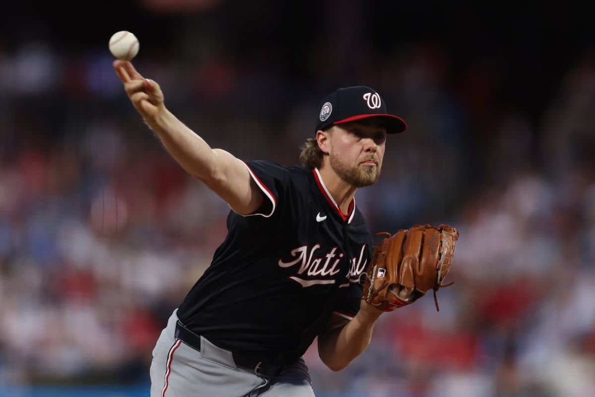 Apr 30, 2025; Philadelphia, Pennsylvania, USA; Washington Nationals pitcher Jake Irvin (27) pitches during the fourth inning against the Philadelphia Phillies at Citizens Bank Park. Mandatory Credit: Bill Streicher-Imagn Images