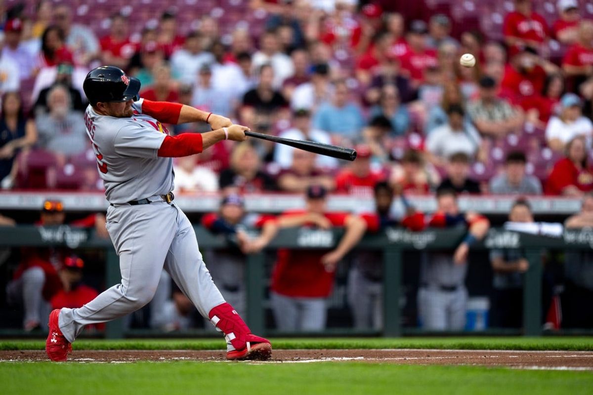 St. Louis Cardinals catcher Pedro Pages (43) hits a home run in the second inning of the MLB game between Cincinnati Reds and St. Louis Cardinals at Great American Ball Park in Cincinnati on Wednesday, April 30, 2025.