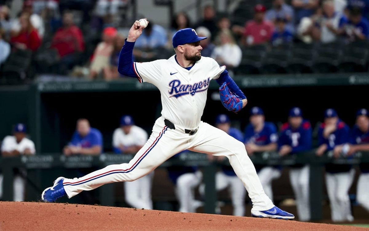 Apr 30, 2025; Arlington, Texas, USA;  Texas Rangers starting pitcher Nathan Eovaldi (17) throws during the first inning against the Oakland Athletics at Globe Life Field. Mandatory Credit: Kevin Jairaj-Imagn Images