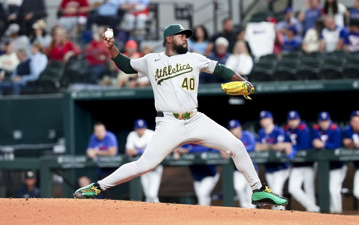 Apr 30, 2025; Arlington, Texas, USA;  Oakland Athletics starting pitcher Luis Severino (40) throws during the first inning against the Texas Rangers at Globe Life Field. Mandatory Credit: Kevin Jairaj-Imagn Images
