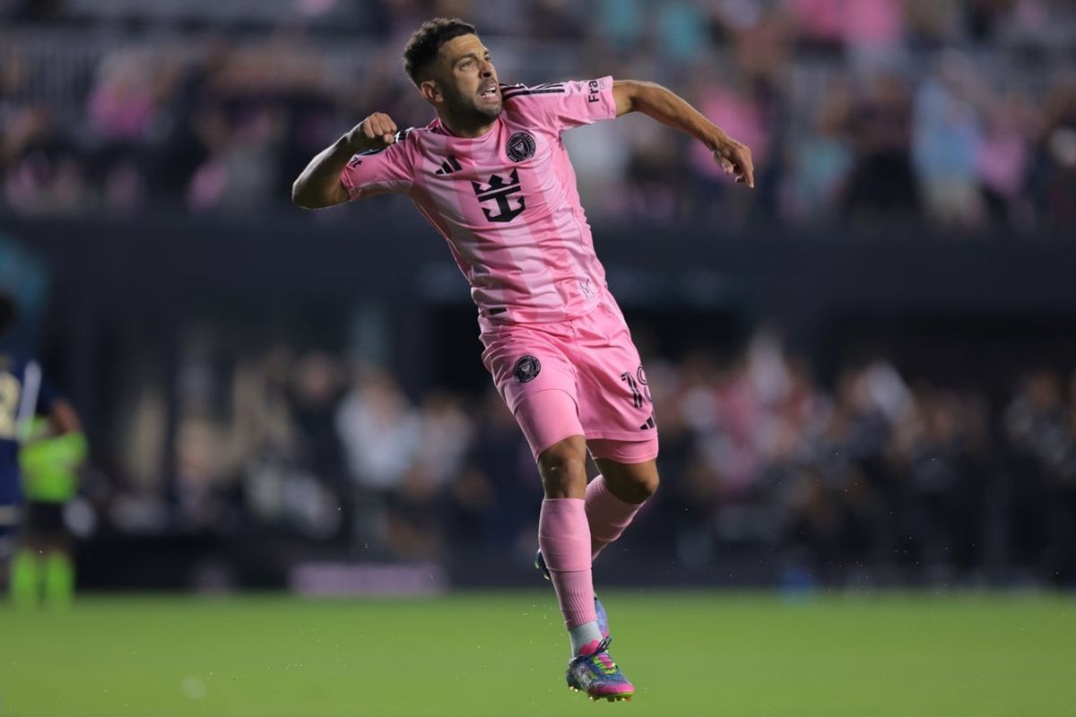 Apr 30, 2025; Ft. Lauderdale, Florida, USA; Inter Miami CF defender Jordi Alba (18) celebrates after scoring against the Vancouver Whitecaps during the first half at Chase Stadium. Mandatory Credit: Sam Navarro-Imagn Images