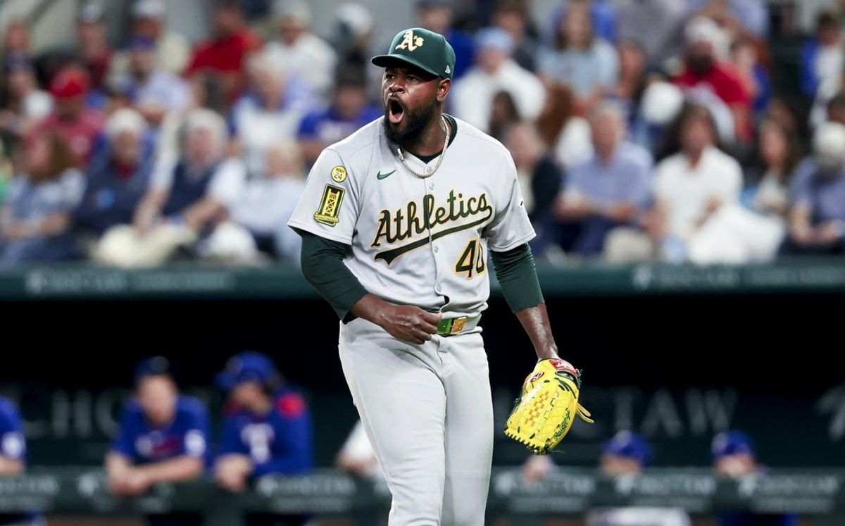 Apr 30, 2025; Arlington, Texas, USA;  Oakland Athletics starting pitcher Luis Severino (40) reacts during the third inning against the Texas Rangers at Globe Life Field. Mandatory Credit: Kevin Jairaj-Imagn Images