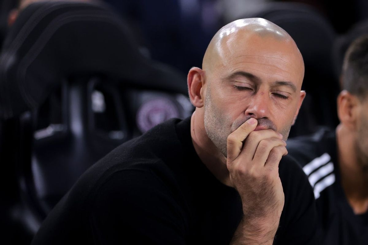 Apr 30, 2025; Ft. Lauderdale, Florida, USA; Inter Miami CF head coach Javier Mascherano reacts from the bench against the Vancouver Whitecaps before the first half at Chase Stadium. Mandatory Credit: Sam Navarro-Imagn Images