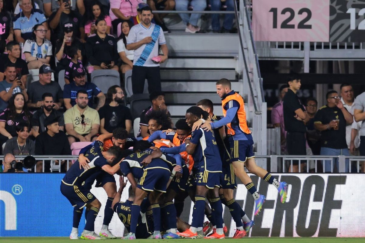 Apr 30, 2025; Ft. Lauderdale, Florida, USA; Vancouver Whitecaps players celebrate a goal by forward Brian White (24) against Inter Miami CF during the second half at Chase Stadium. Mandatory Credit: Sam Navarro-Imagn Images