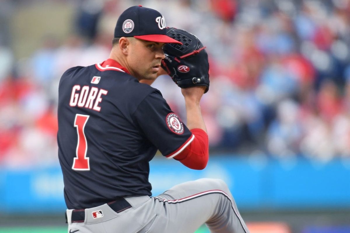 Apr 29, 2025; Philadelphia, Pennsylvania, USA; Washington Nationals pitcher MacKenzie Gore (1) against the Philadelphia Phillies at Citizens Bank Park. Mandatory Credit: Eric Hartline-Imagn Images