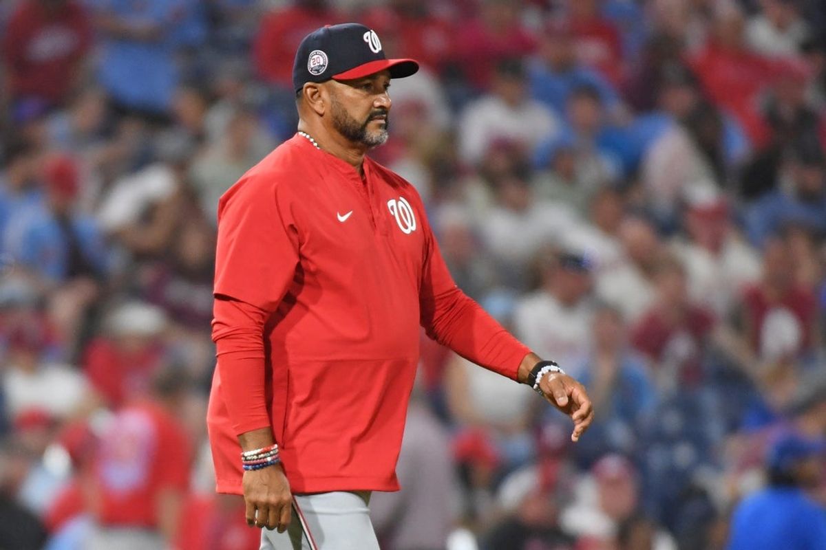 Apr 29, 2025; Philadelphia, Pennsylvania, USA; Washington Nationals manager Dave Martinez (4) walks to the mound against the Philadelphia Phillies at Citizens Bank Park. Mandatory Credit: Eric Hartline-Imagn Images