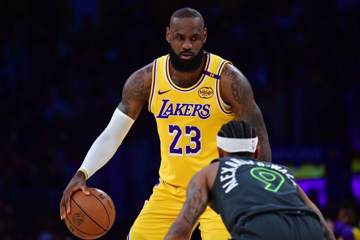 Apr 30, 2025; Los Angeles, California, USA; Los Angeles Lakers forward LeBron James (23) controls the ball against Minnesota Timberwolves guard Nickeil Alexander-Walker (9) during the first half in game five of first round for the 2025 NBA Playoffs at Crypto.com Arena. Mandatory Credit: Gary A. Vasquez-Imagn Images