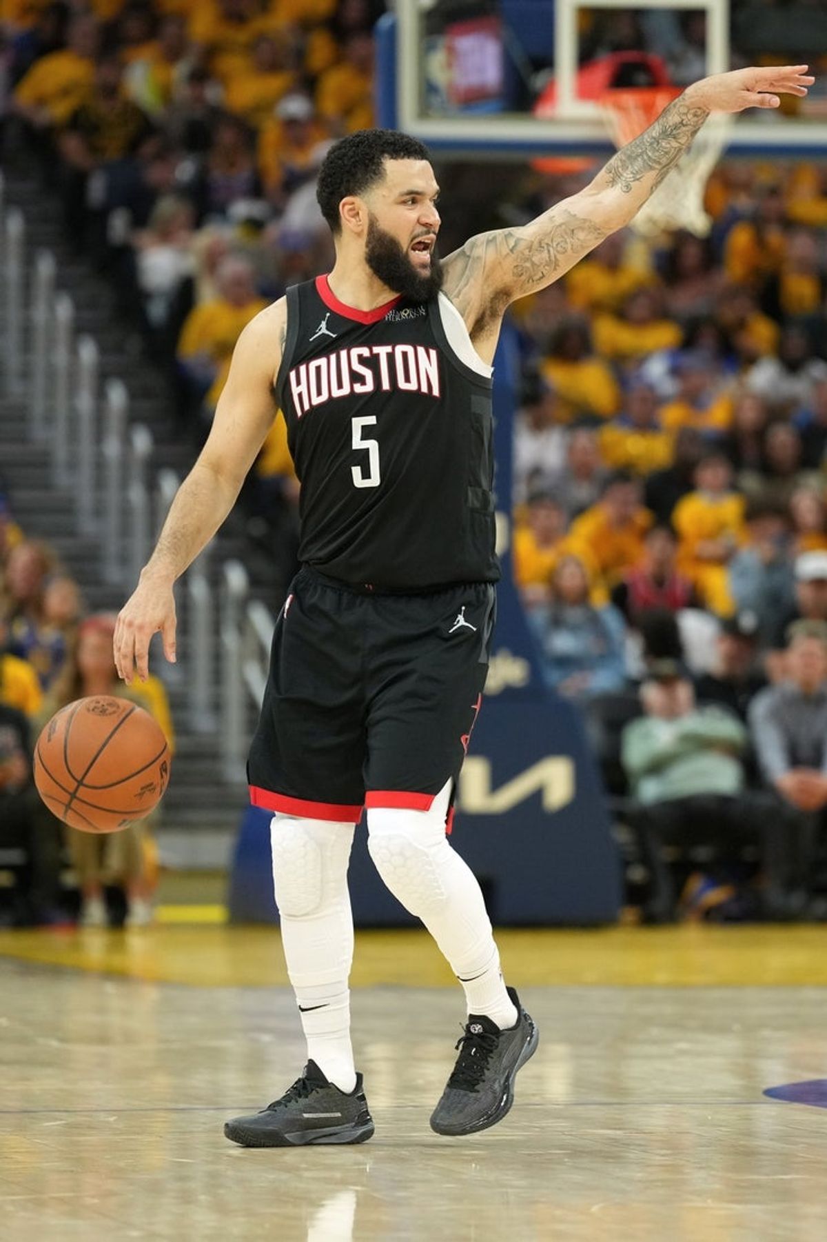 Apr 26, 2025; San Francisco, California, USA; Houston Rockets guard Fred VanVleet (5) dribbles against the Golden State Warriors during the fourth quarter of game three of first round for the 2024 NBA Playoffs at Chase Center. Mandatory Credit: Darren Yamashita-Imagn Images