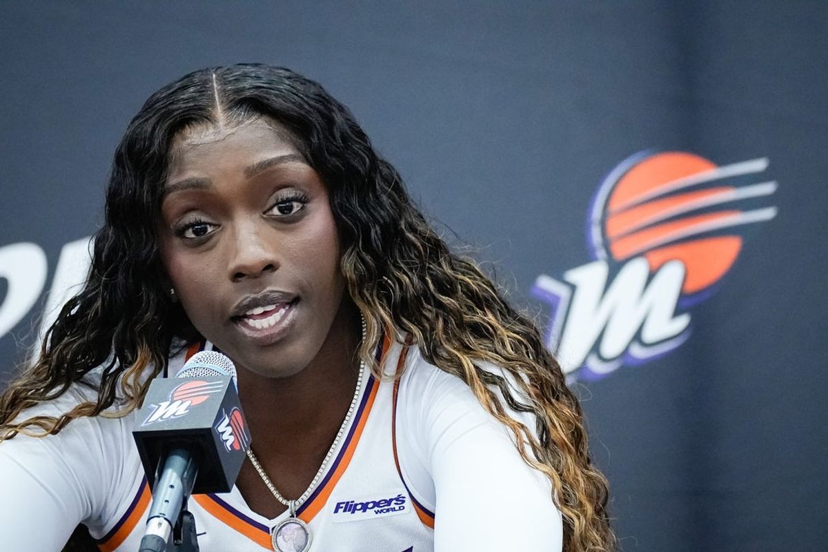 Kahleah Copper takes questions from reporters at Phoenix Mercury Media Day on April 30, 2025, in Phoenix.