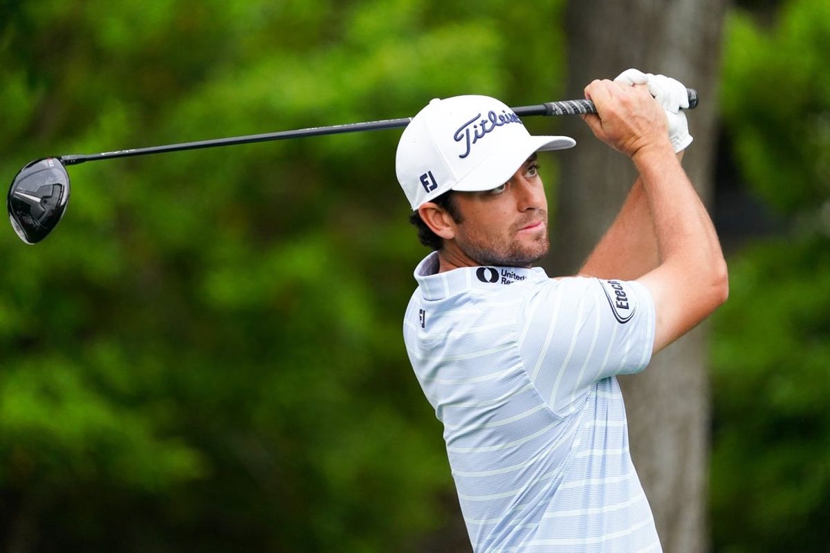 May 1, 2025; McKinney, Texas, USA; Davis Riley plays his shot from the sixth tee during the first round of the THE CJ CUP Byron Nelson golf tournament. Mandatory Credit: Raymond Carlin III-Imagn Images