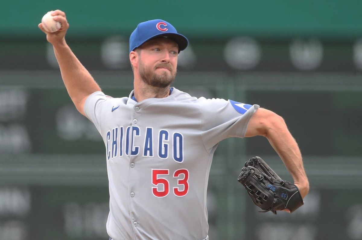 May 1, 2025; Pittsburgh, Pennsylvania, USA;  Chicago Cubs starting pitcher Colin Rea (53) delivers a pitch against the Pittsburgh Pirates during the first inning at PNC Park. Mandatory Credit: Charles LeClaire-Imagn Images