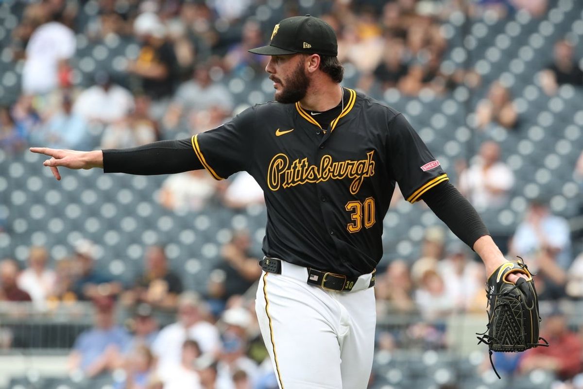 May 1, 2025; Pittsburgh, Pennsylvania, USA;  Pittsburgh Pirates starting pitcher Paul Skenes (30) reacts after a Pirates double play against the Chicago Cubs during the third inning at PNC Park. Mandatory Credit: Charles LeClaire-Imagn Images