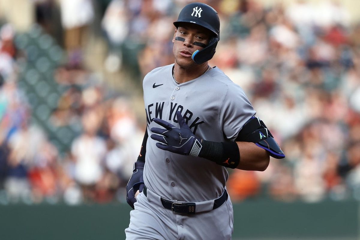 Apr 29, 2025; Baltimore, Maryland, USA; New York Yankees outfielder Aaron Judge (99) rounds the bases after hitting a home run during the first inning against the Baltimore Orioles at Oriole Park at Camden Yards. Mandatory Credit: Daniel Kucin Jr.-Imagn Images