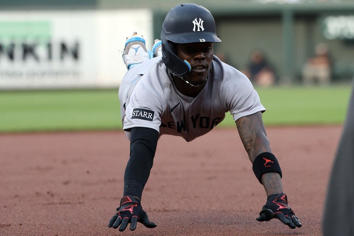 Apr 29, 2025; Baltimore, Maryland, USA; New York Yankees second baseman Jazz Chisholm Jr. (13) advances to third base during the first inning against the Baltimore Orioles at Oriole Park at Camden Yards. Mandatory Credit: Daniel Kucin Jr.-Imagn Images