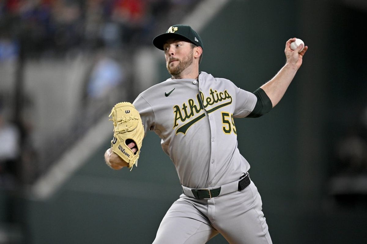 May 1, 2025; Arlington, Texas, USA; Athletics starting pitcher Jeffrey Springs (59) pitches against the Texas Rangers during the fourth inning at Globe Life Field. Mandatory Credit: Jerome Miron-Imagn Images