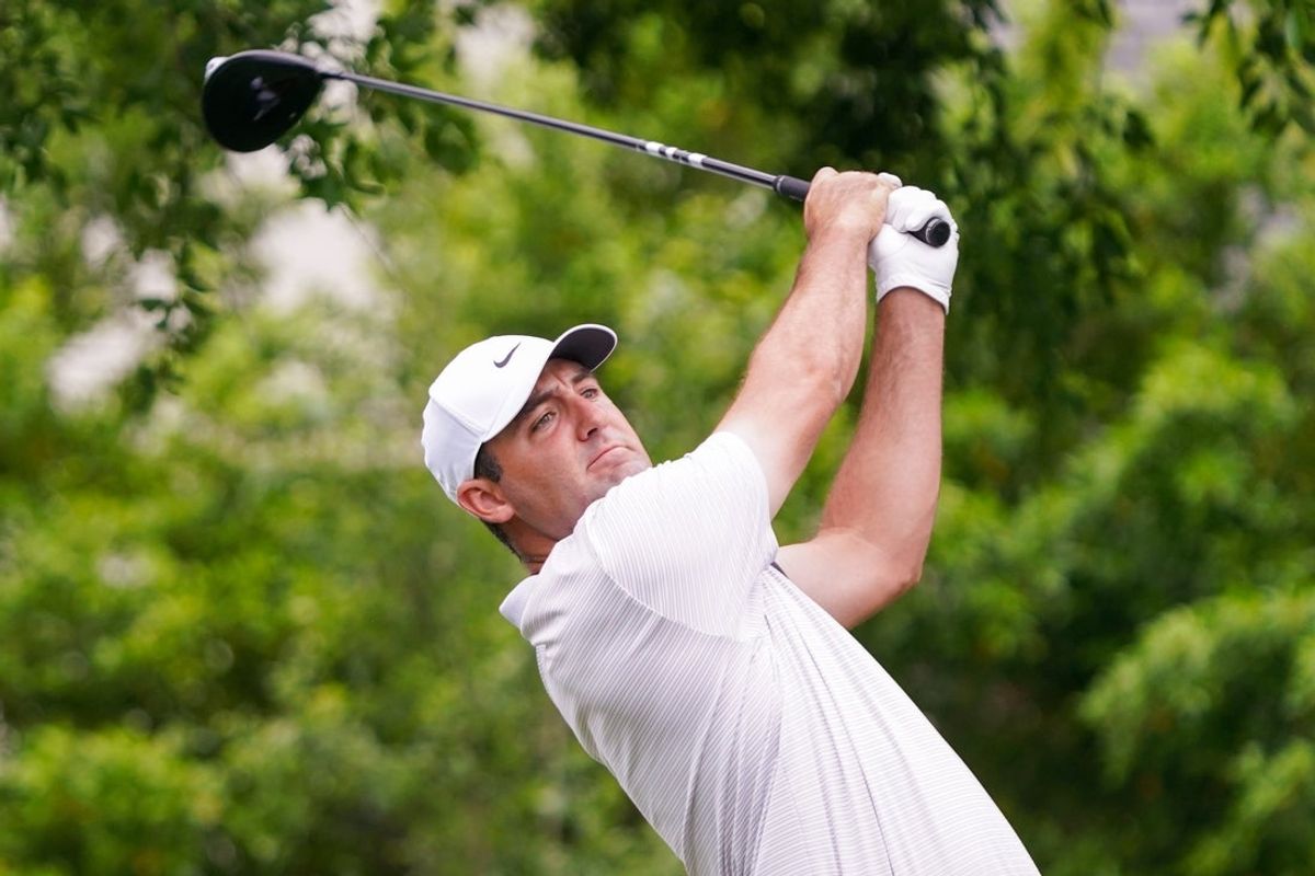 May 1, 2025; McKinney, Texas, USA; Scottie Scheffler plays his shot from the sixth tee during the first round of the THE CJ CUP Byron Nelson golf tournament. Mandatory Credit: Raymond Carlin III-Imagn Images