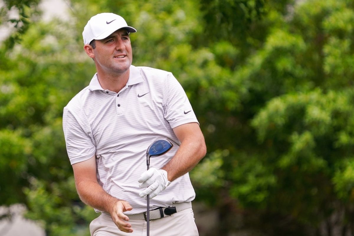May 1, 2025; McKinney, Texas, USA; Scottie Scheffler watches his shot from the sixth tee during the first round of the THE CJ CUP Byron Nelson golf tournament. Mandatory Credit: Raymond Carlin III-Imagn Images