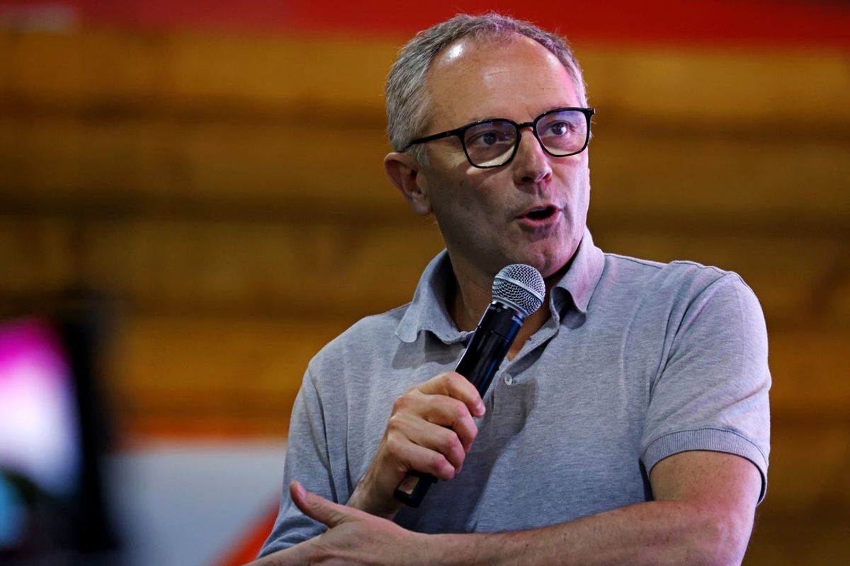 May 1, 2025; Miami Gardens, FL, USA; F1 president and CEO Stefano Domenicali talks ahead of the F1 Miami Grand Prix at Miami International Autodrome. Mandatory Credit: Peter Casey-Imagn Images