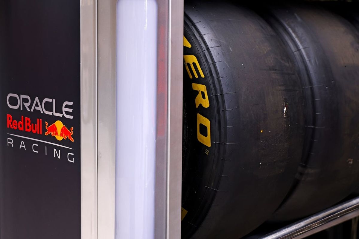 May 1, 2025; Miami Gardens, FL, USA; Red Bull Racing tires sit in the paddock ahead of the F1 Miami Grand Prix at Miami International Autodrome. Mandatory Credit: Peter Casey-Imagn Images